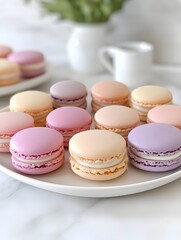 Obraz premium Delightful Pastel Macarons on White Plate Sweet French Pastry Treats Bakery Delights