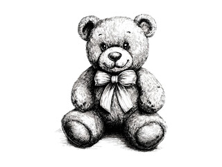 Vintage Christmas teddy bear with bow engraving, festive toy icon, holiday gift motif, hand-drawn black sketch style, seasonal decor, old engraving style, cozy winter charm