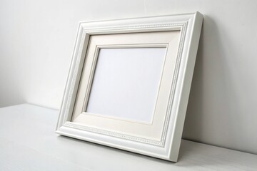 White photo frame mockup on white background. Blank space for artwork, photography, or poster design. Ideal for modern interior, wall decor, and product presentations.