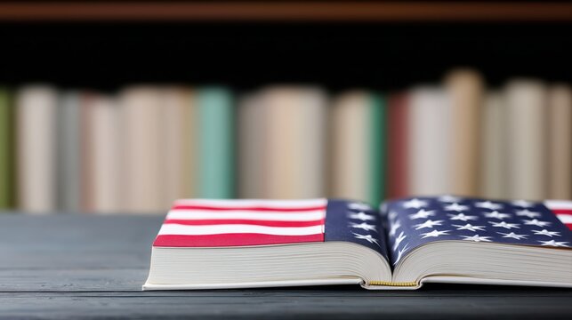 An open book featu the American flag rests on a dark wooden surface against a softly blurred bookshelf in the background, conveying a sense of patriotism - Powered by Adobe