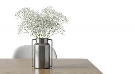 Delicate Gypsophila Blooms in a Brushed Silver Vase on Wooden Table