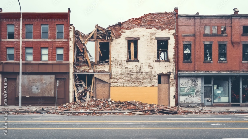 Poster seismic waves crashing through a row of brick buildings along a street, illustrating the catastrophi