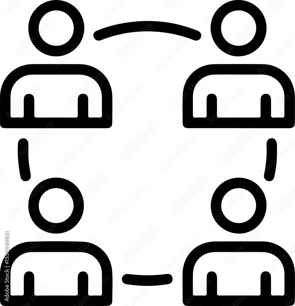 Poster four stylized figures connected in a network diagram showing communication and relationships