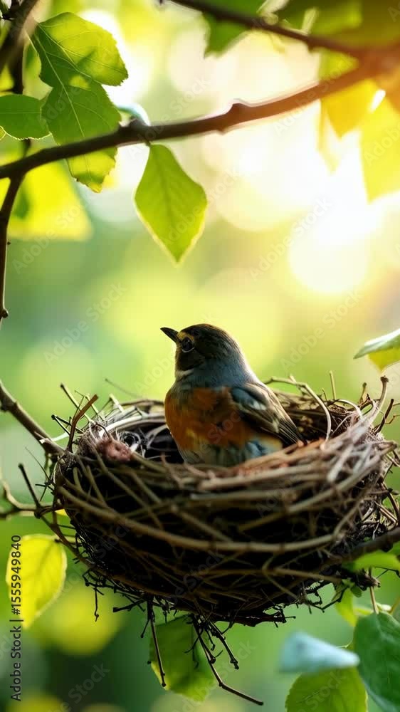Poster small bird rests in a nest of twigs nestled within the vibrant green leaves of a tree branch with su