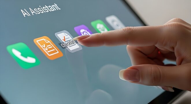 A digital tablet displays an AI assistant with a finger pointing to a file icon for electronic document management and processing.