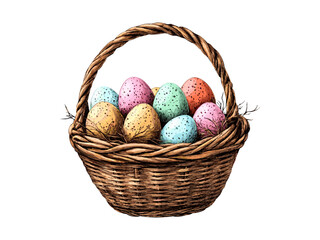 Hand-drawn vintage Easter basket with colored eggs, retro spring holiday engraving, black sketch, old style seasonal decor, trendy festive illustration, rustic country design, charming vintage art
