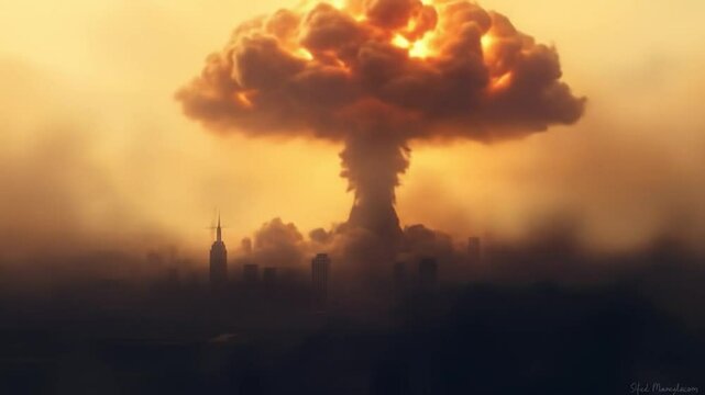 Nuclear explosion with mushroom cloud over city skyline. Catastrophic destruction. Concept of global catastrophe, war, catastrophe, armageddon, total destruction, barren land. 4k video