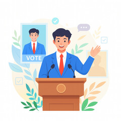 A candidate for political office gives a speech from behind a podium, campaigning for election with enthusiasm and optimistic promises to the voters.
