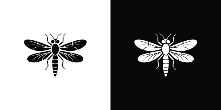 Dragonfly Silhouette, Isolated Insect with Detailed Wings, Black and White Contrast