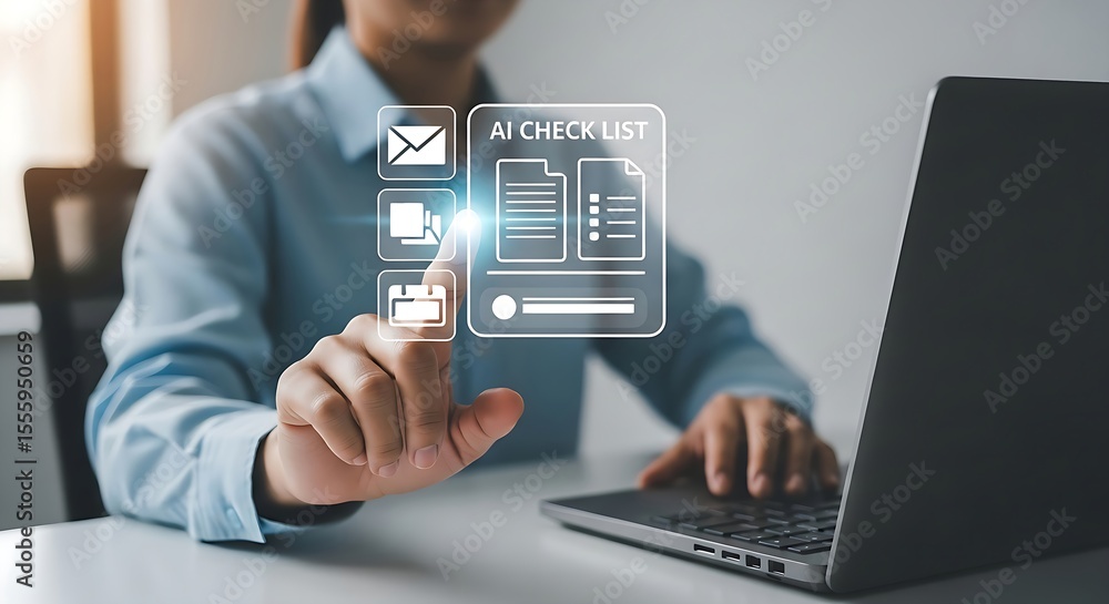 Poster professional businesswoman utilizing technology, engaging with a virtual checklist on a laptop for t