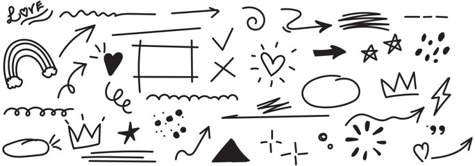 Decorative doodles sketch scribble hand drawn handmade pencil pen marker set vector graphic design illustration art for business infographic journal set pointing arrow speech bubble line outline shape