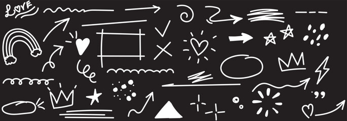 Hand drawn line chalk brush stroke arrow icon set. Chalk crayon underline, check mark, scribble and texture in rough hand sketch style. Drawn heart, frame, star design shapes. Vector illustration