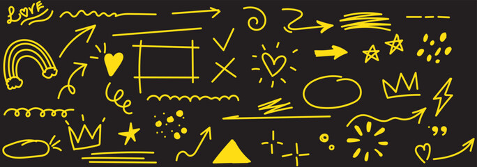 Hand drawn line chalk brush stroke arrow icon set. Chalk crayon underline, check mark, scribble and texture in rough hand sketch style. Drawn heart, frame, star design shapes. Vector illustration