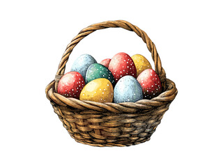 Vintage Easter basket full of colored eggs engraving, hand-drawn retro spring holiday decor, black sketch, old engraving style, festive seasonal artwork, rustic farm charm, classic celebration