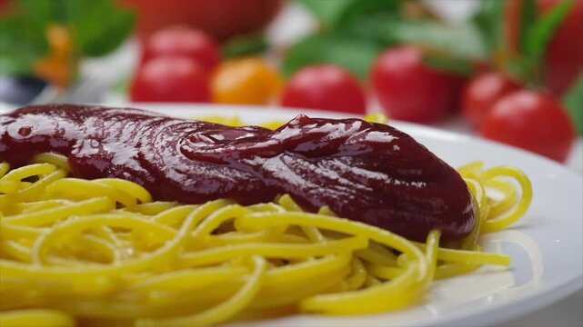 Ketchup pouring on spaghetti close-up, concept video for commercial