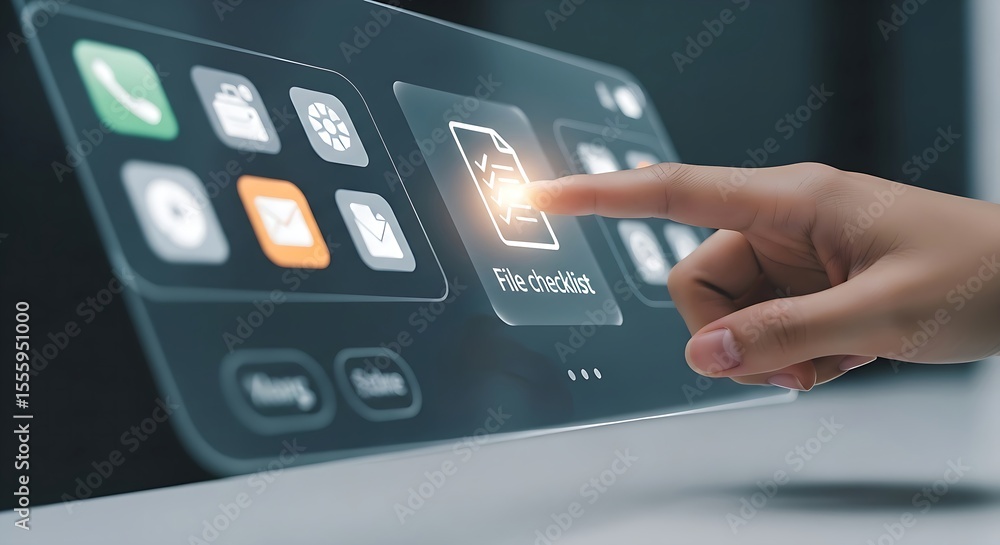 Aufkleber exploring user interface design, a finger touches a holographic digital display, showing future tech