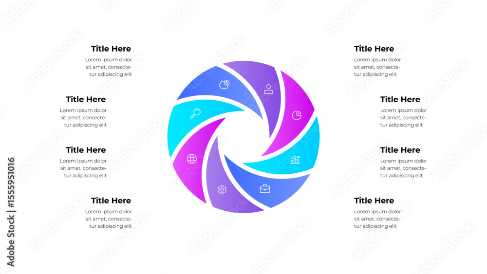 Poster Eight segmented circular infographic chart featuring business and workflow icons, showcasing a vivid gradient design for presentations, workflow management, and data conceptualization