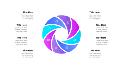Eight segmented circular infographic chart featuring business and workflow icons, showcasing a vivid gradient design for presentations, workflow management, and data conceptualization