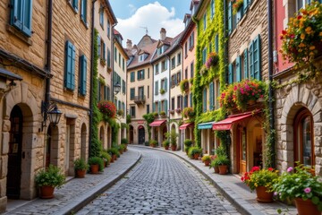 Picturesque European Street with Cobblestone Road