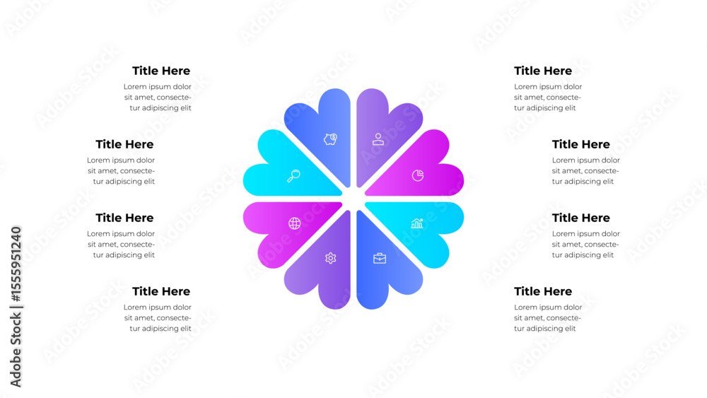 Aufkleber Infographic presenting a circular gradient design featuring segmented sections adorned with icons. Perfect for illustrating concepts such as business, planning, and strategic data visualization