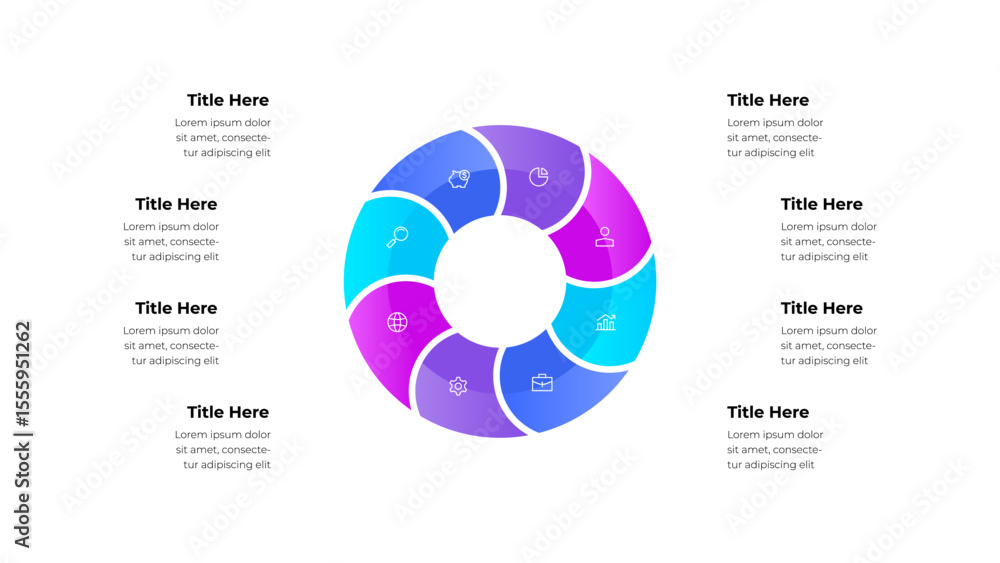 Poster colorful circular infographic design with eight segments, each containing icons and labels, presenti