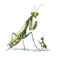 A Mother Mantis With Her Kid, watercolor clipart vector, isolated on a white background.