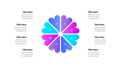 Infographic presenting a circular gradient design featuring segmented sections adorned with icons. Perfect for illustrating concepts such as business, planning, and strategic data visualization