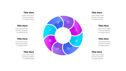 Colorful circular infographic design with eight segments, each containing icons and labels, presenting data-driven visuals for business, education, or marketing purposes