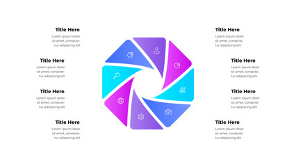 Wheel infographic featuring 8 sections, icons, and placeholder text. Perfect for presentations, data visualization, and business reports, providing a professional and dynamic layout for information
