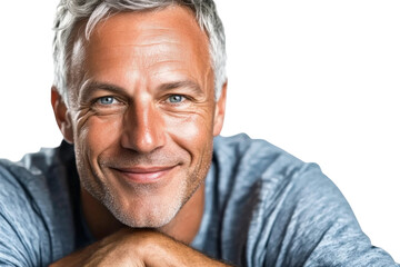 Obraz premium Smiling middle-aged man with gray hair and blue eyes in casual attire showcasing happiness and confidence against a neutral background