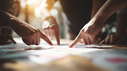 A group of people are pointing at a piece of paper on a table, that has a few words on it, but the focus is on the hands of the people pointing at it. Scene is collaborative and focused