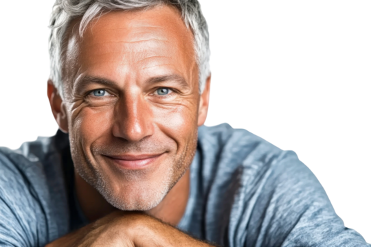 Smiling middle-aged man with gray hair and blue eyes in casual attire showcasing happiness and confidence against a neutral background