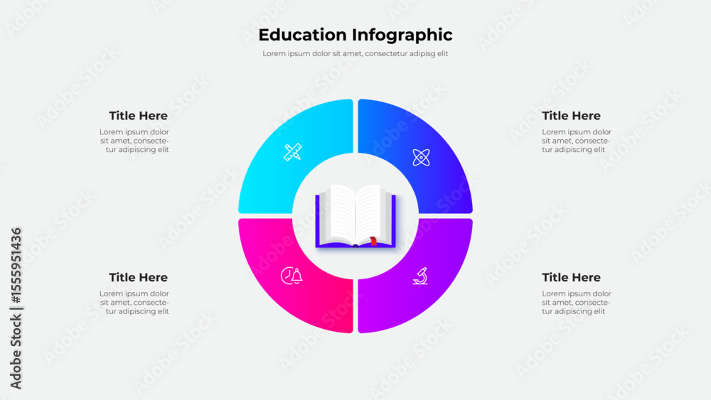 Poster Detailed infographic design featuring a circular layout with educational icons and 4 segments. Perfect for academic presentations and data visualization. Central focus is a book depiction