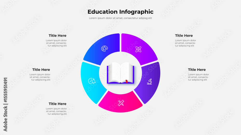 Poster Detailed infographic design featuring a circular layout with educational icons and 5 segments. Perfect for academic presentations and data visualization. Central focus is a book depiction