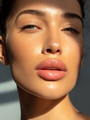clean lip-focused portraits Close-up of a woman with glowing skin and full lips, highlighting natural beauty and confidence in soft lighting.