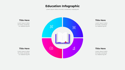 Detailed infographic design featuring a circular layout with educational icons and 4 segments. Perfect for academic presentations and data visualization. Central focus is a book depiction