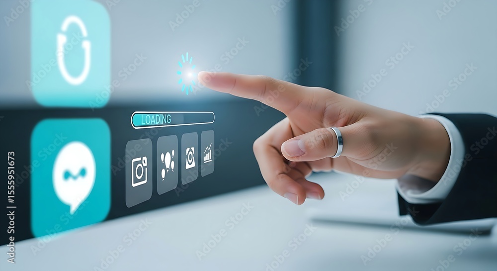 Poster business professional uses modern technology to tap into virtual interface with floating application