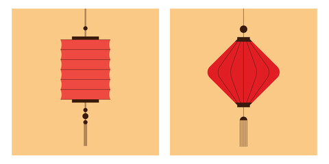 Set of square cards with chinese lanterns on beige background. Hanging paper lantern with tassels for cover, banner, advertisement, social media post. Vector illustrations for chinese new year, mid-au © Sun_Rise
