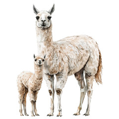 A Mother Llama With Her Kid, watercolor vector, isolated on a white background. © AMIDCO