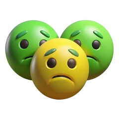 Three sad emoji faces one yellow two green isolated on transparent background