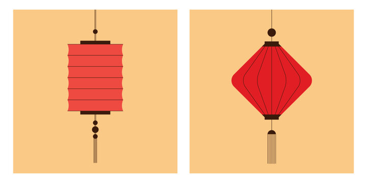 Set of square cards with chinese lanterns on beige background. Hanging paper lantern with tassels for cover, banner, advertisement, social media post. Vector illustrations for chinese new year, mid-au