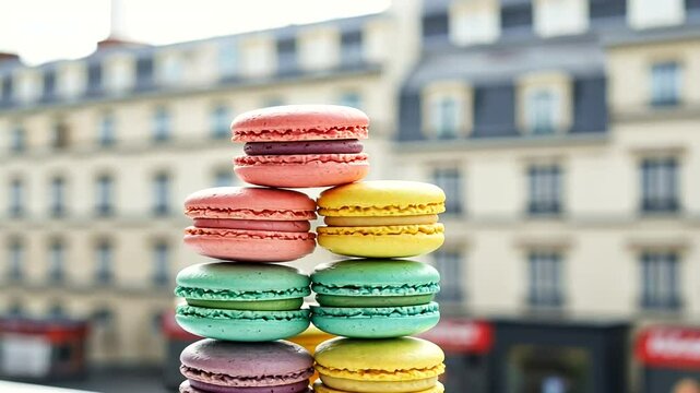 Colorful Macaron Stacks in Paris A Delightful Sweet Treat Tower Against Parisian Architecture