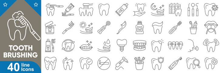 Tooth brushing line icons set. Toothbrush, toothpaste, brushing teeth, dental floss, mouthwash, toothbrush cup, tooth, sparkling tooth, manual brush and more. Vector illustration.