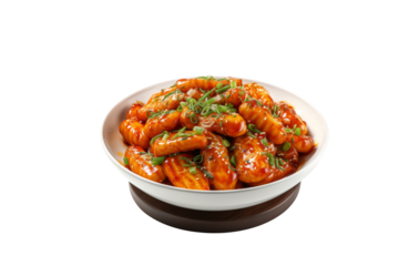Delicious Korean Tteokbokki, savory rice cakes in spicy gochujang sauce, garnished with green onions. background removed
