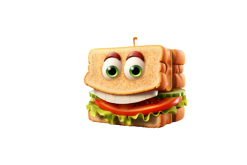 A happy cartoon sandwich with big eyes, tomato, lettuce, and cucumber. background removed