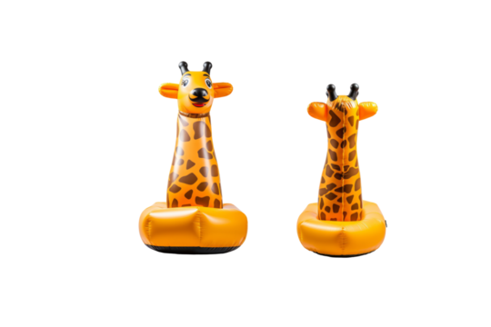 Inflatable giraffe pool floatie, front and back view,  fun summer toy. background removed