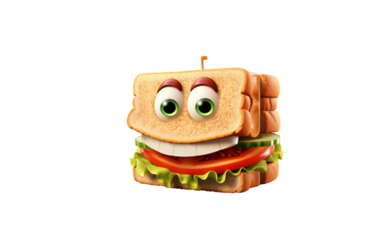 A happy cartoon sandwich with big eyes, tomato, lettuce, and cucumber. background removed