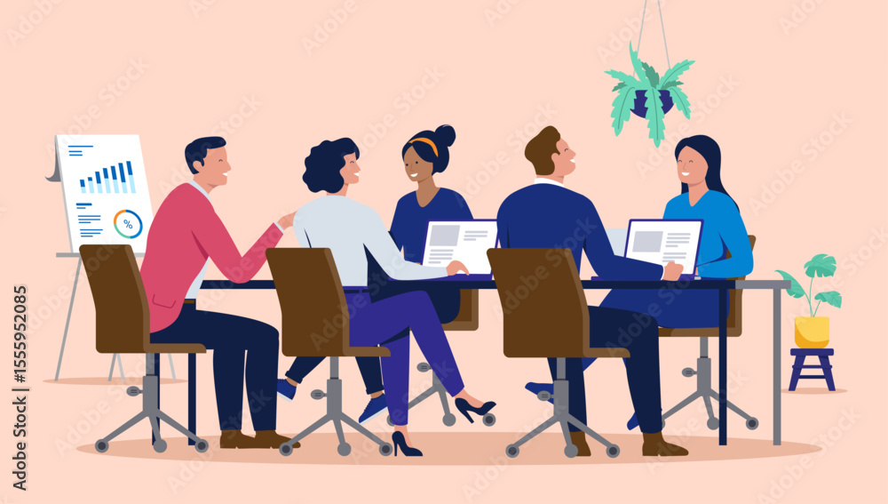 Poster team of diverse business professionals sitting around a table in an office meeting, using laptops an