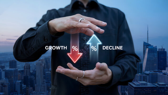 Businessman presents growth and decline arrows over a city skyline, representing economic trends and financial predictions with a concept of market analysis.