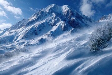 Obraz premium Snow-covered mountains under a clear blue sky with swirling clouds and pristine landscape